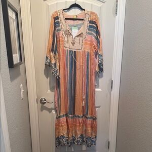 FARM Rio Black and Orange Bell Sleeve Maxi Sundress